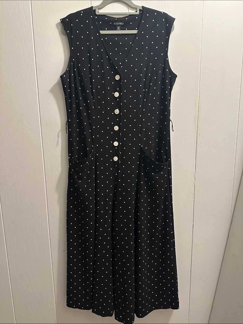 Roz & Ali Black Polka Dot Sleeveless jumpsuit with White Buttons